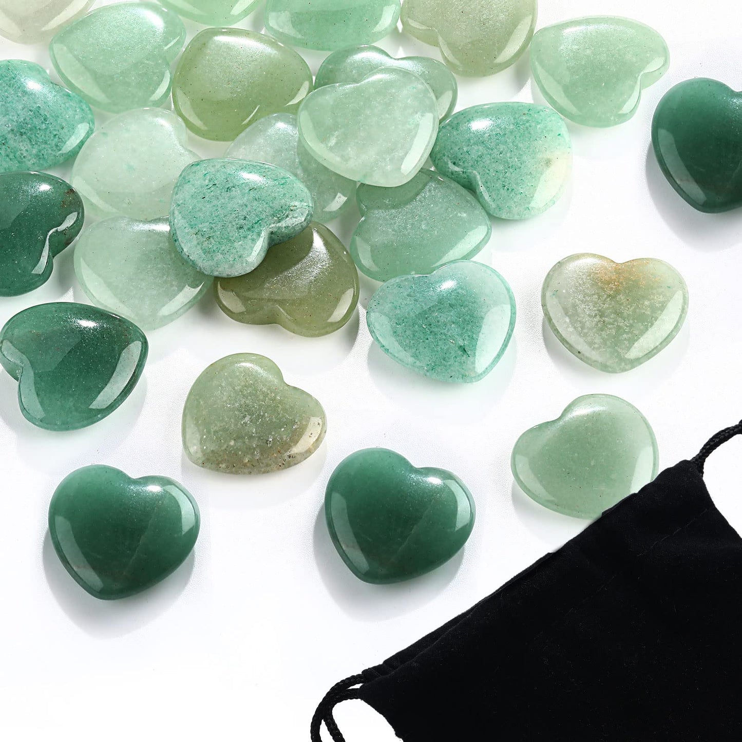 Patelai 24 Pcs Green Aventurine Heart Healing Crystals, Polished Natural Crystal Hearts, 0.8 Inch Mini Pocket Palm Stones for Luck, Meditation and Reiki, Heart Stone Gift with Black Velvet Bag