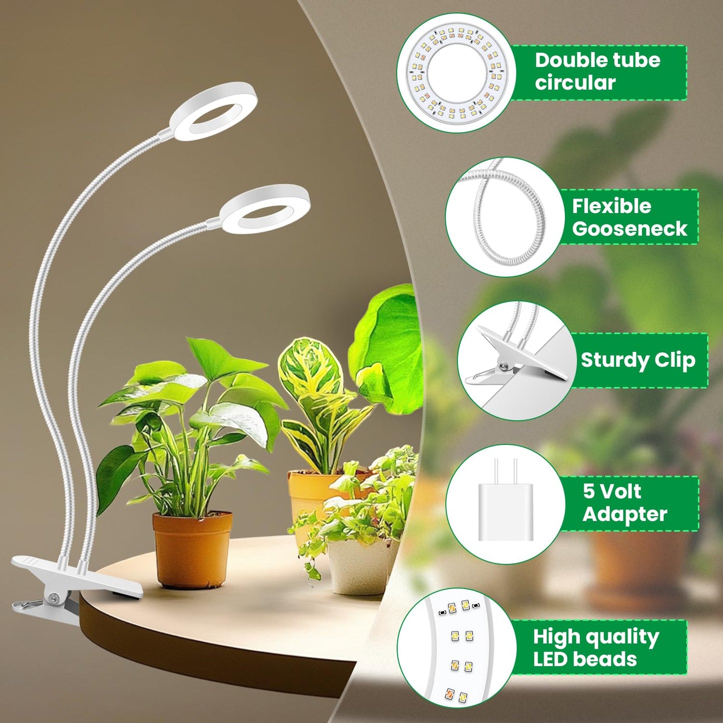 Eurbolan Grow Lights for Indoor Plants, 2 Heads 96 LEDs Full Spectrum Clip On Grow Light with Clip, Plant Lights for Indoor Growing with 3 Lighting Modes, 6/12/16Hrs Auto Time, 5 Brightness.