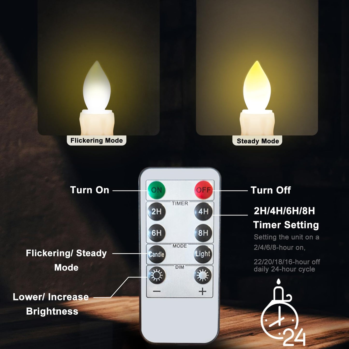 Kithouse Flameless LED 12 Pack Window Candles with Drip Texture,Removable Candle Holders,24 AAA Batteries,Daily Timer,ON/Off Remote,12 Window Suction Cups,Christmas Home Wedding Decor (Brown)