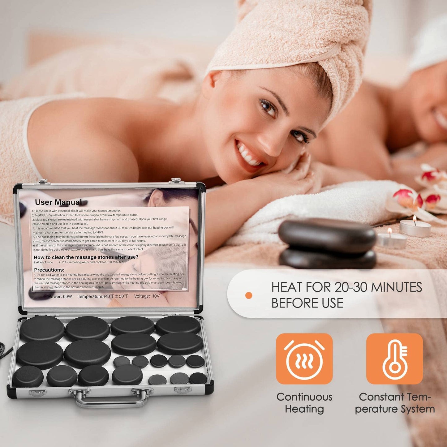 Granpay 20PCS Hot Stones for Massage with Warmer, Hot Stones Massage Set with Warmer Kit Basalt Hot Rocks Massage Stone for Spa Warming Therapy Pain Relief