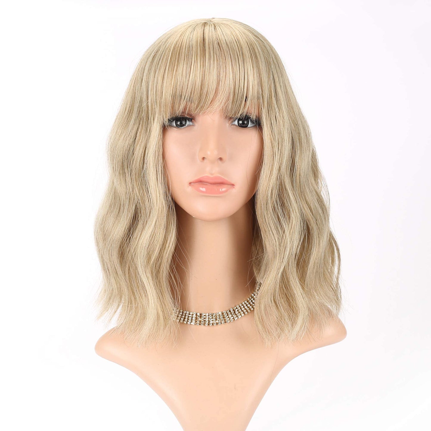 FAELBATY Blonde & Gold Bob Wig - Loose Wave, Air Bangs, Shoulder Length, Curly Wavy Synthetic, Mix Colors, 12"