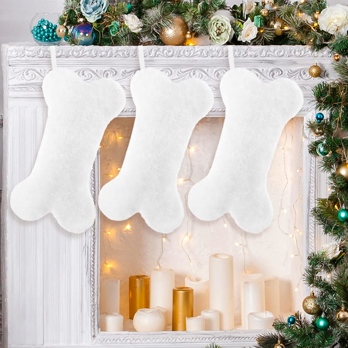 Waarms 3 Pack Snowy White Plush Dog Christmas Stockings, Bone Shape Faux Fur, Large Personalized Hanging Christmas Stockings for Dogs Pets Xmas Holiday Decoration