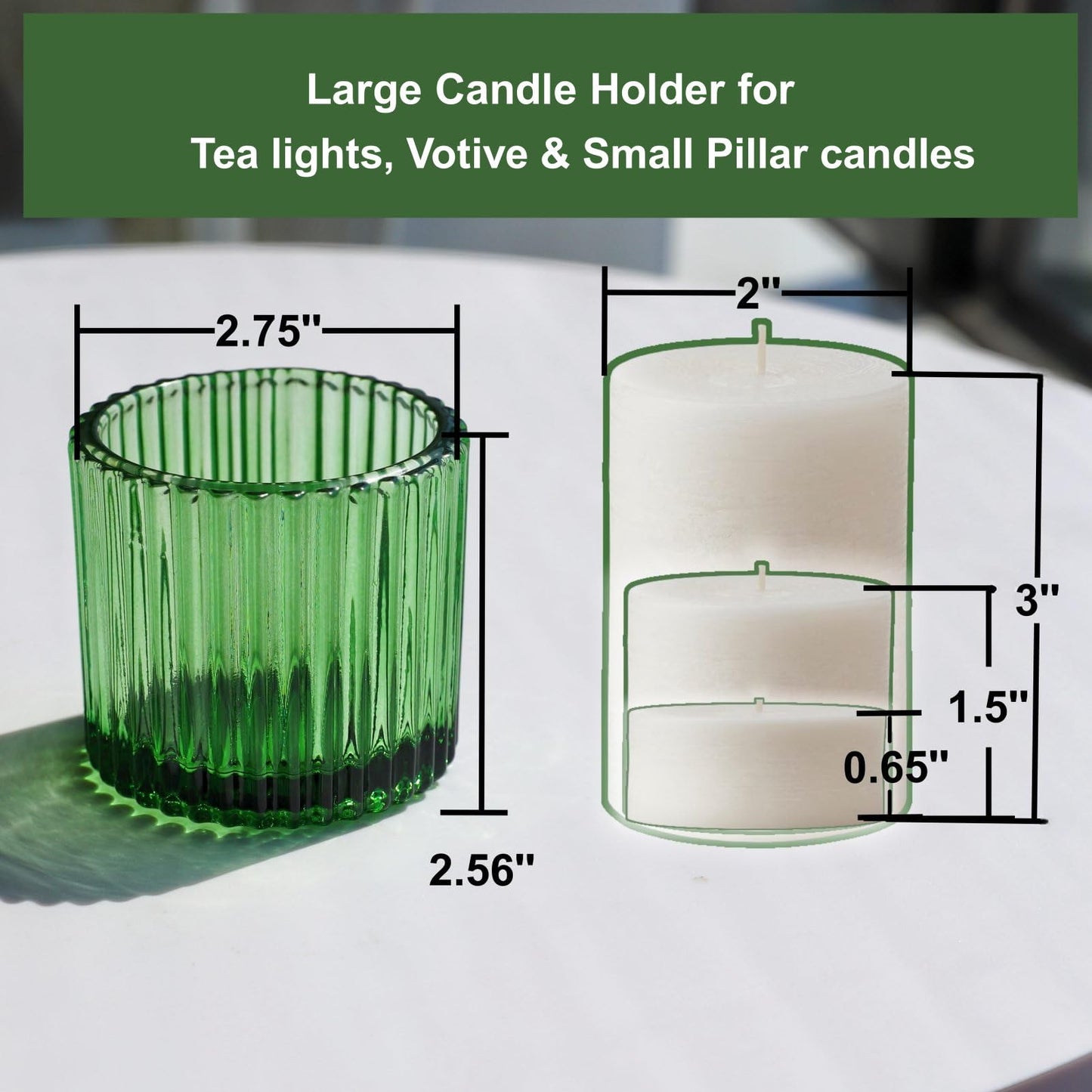 VOHO Large Votive Candle Holders 2.75'' x 2.56'' Set of 6, Ribbed Candle Holder for Votive/Tea Lights Candles, Green Votive Holder for Halloween/Christmas Holiday