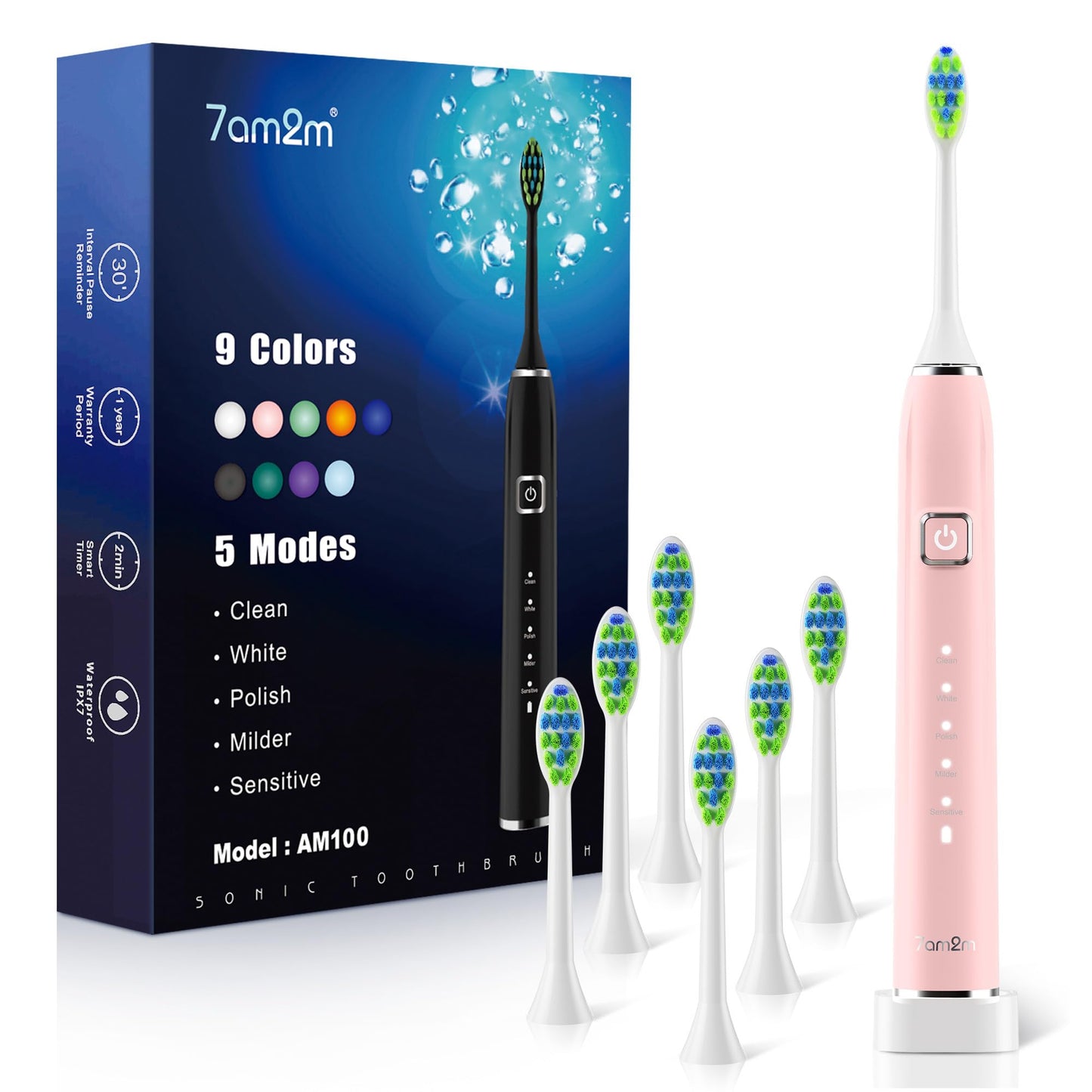 7AM2M Sonic Electric Toothbrush with 6 Brush Heads for Adults&Kids, One Charge for 120 Days, Wireless Fast Charge, 5 Modes, 40000VPM Powered Toothbrush, 2 Minutes Built in Smart Timer (Black)