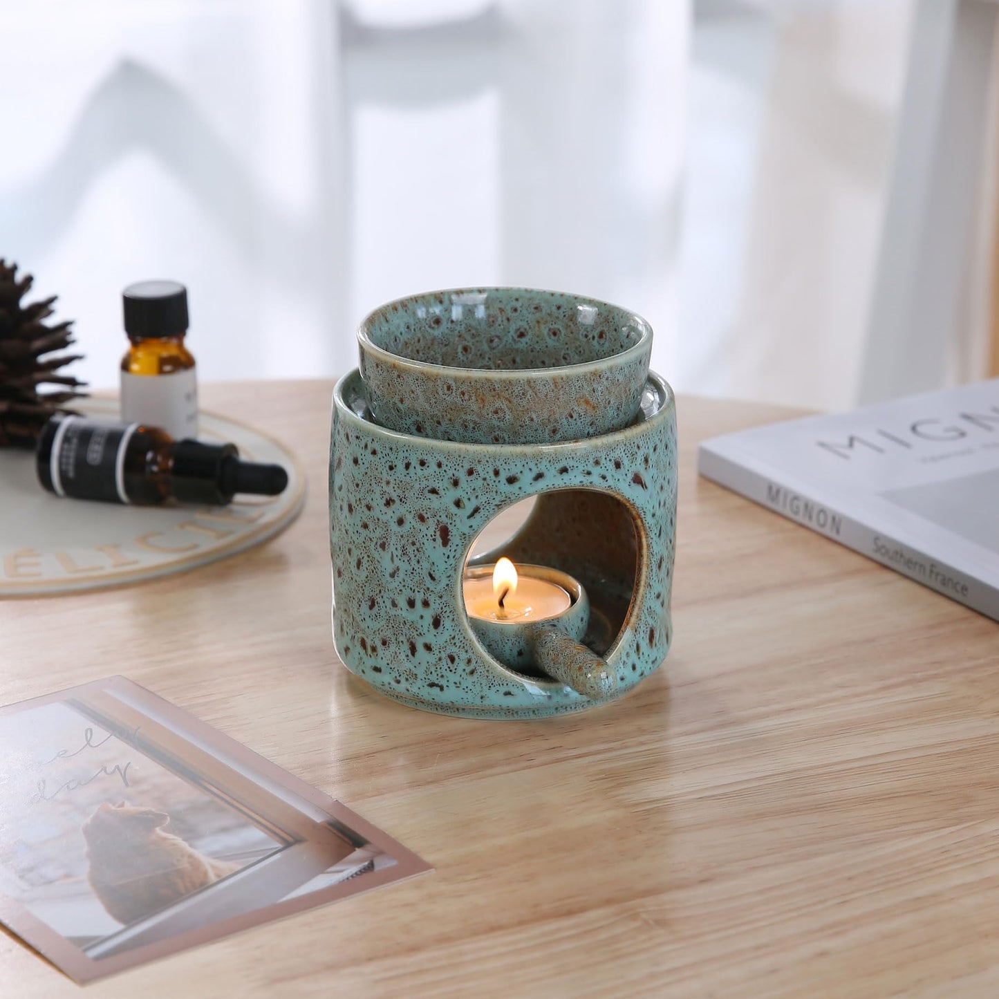 Auxmeware - Essential Oil Burner for Scented Oil, Oil Warmer, Tealight Wax Melt Warmer, Candle Diffuser, Tea Light Holder, Green