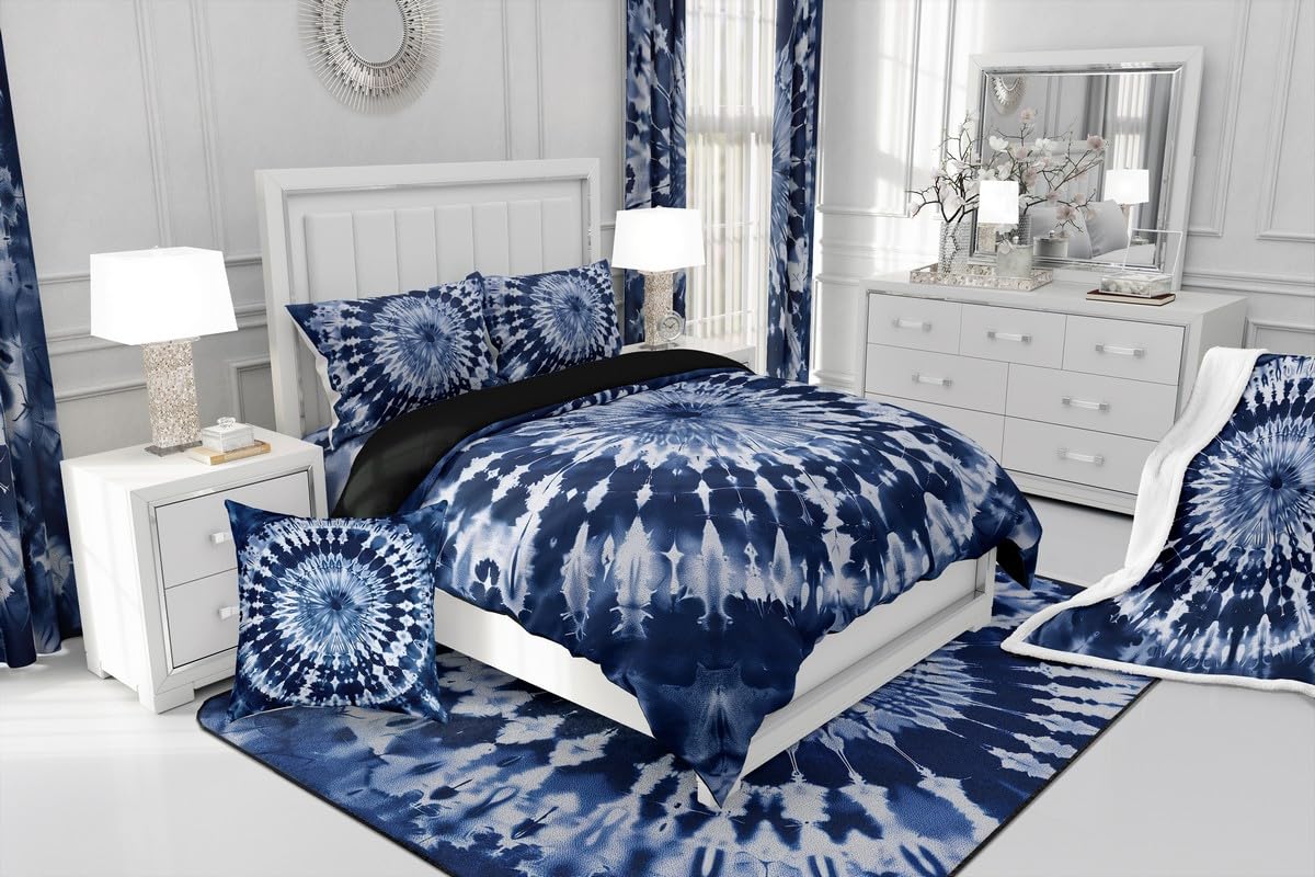 Erosebridal Tie Dye Comforter Cover Purple Spiral Swirl Duvet Cover Batik Gypsy Bedding Set Modern Abstract Pattern Quilt Cover, Navy Blue, Room Decorative 3 Pcs Queen Size, Lightweight