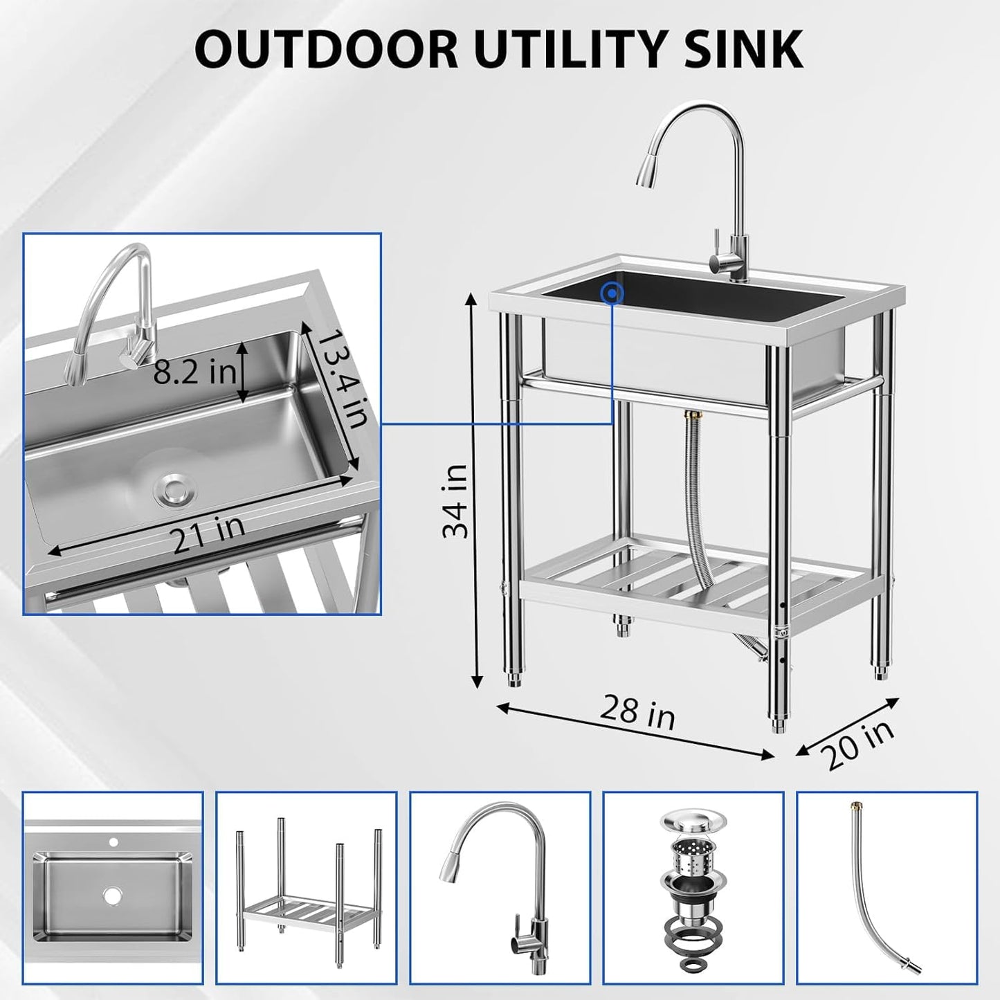 ExploreHorizon 28"x20"x34" Stainless Steel Utility Sink, Freestanding Single Bowl with Hot & Cold Water Faucet, Commercial Kitchen Laundry Bathroom Garage Garden Sink