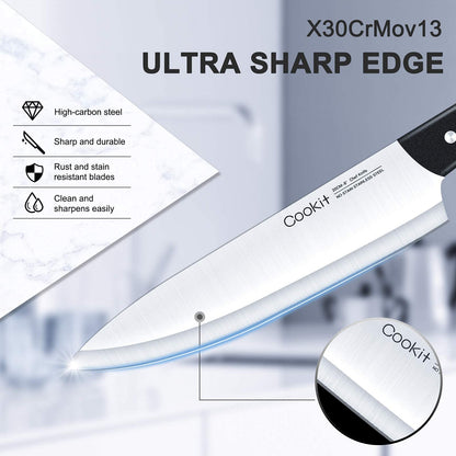 Knife Set with Block, Cookit 15 Pieces Kitchen Knife Set with Pine Block Holder, Knife Block Set with Sharpener, High Stainless Steel Knives with Comfortable-Grip ABS Handles