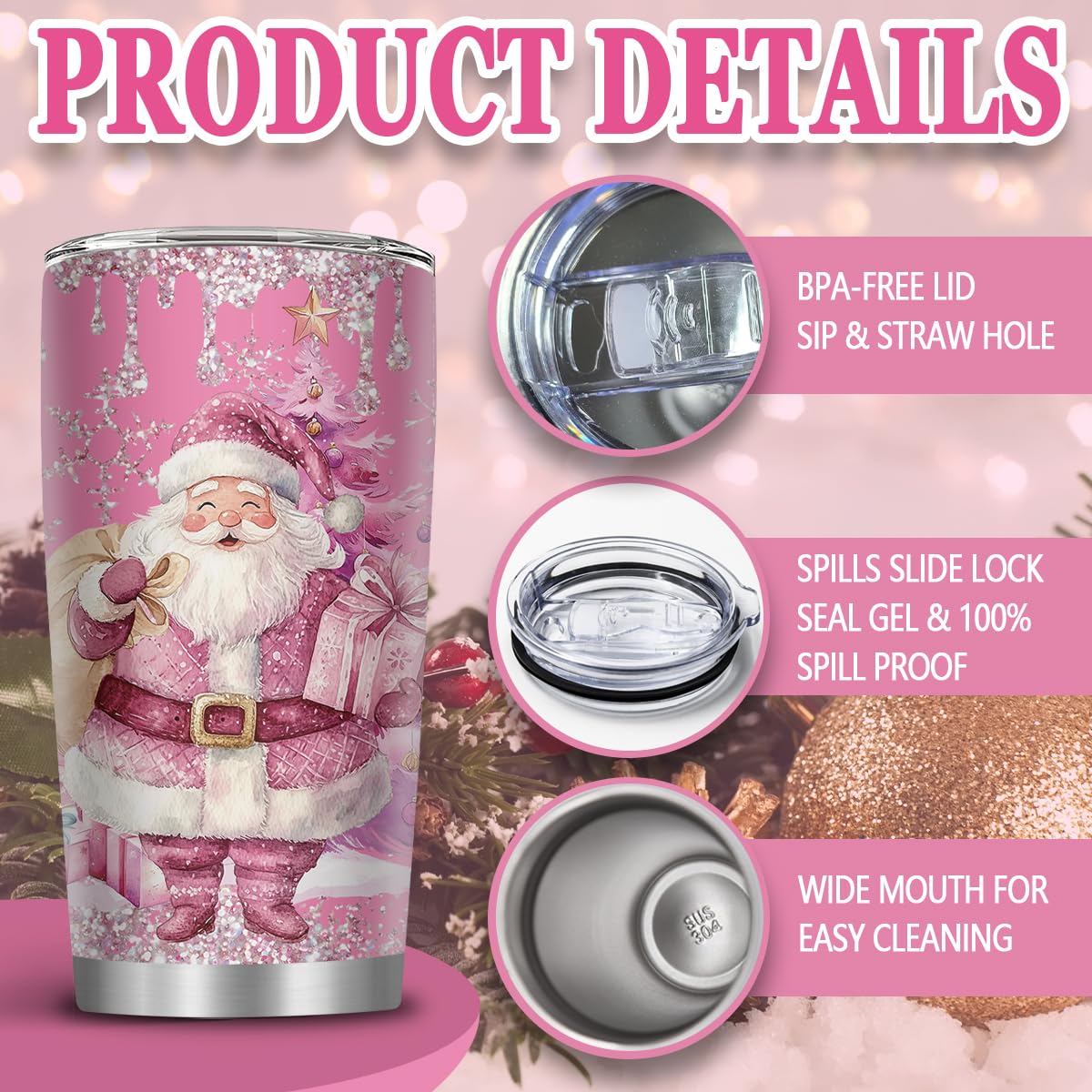 MoYueno Christmas Gifts for Women, 20 Oz Stainless Steel Christmas Tumbler, Xmas Gifts for Mom Daughter Friends, Pink Santa Claus Insulated Cup Water Bottle, Snowman Cup, 1 PCS