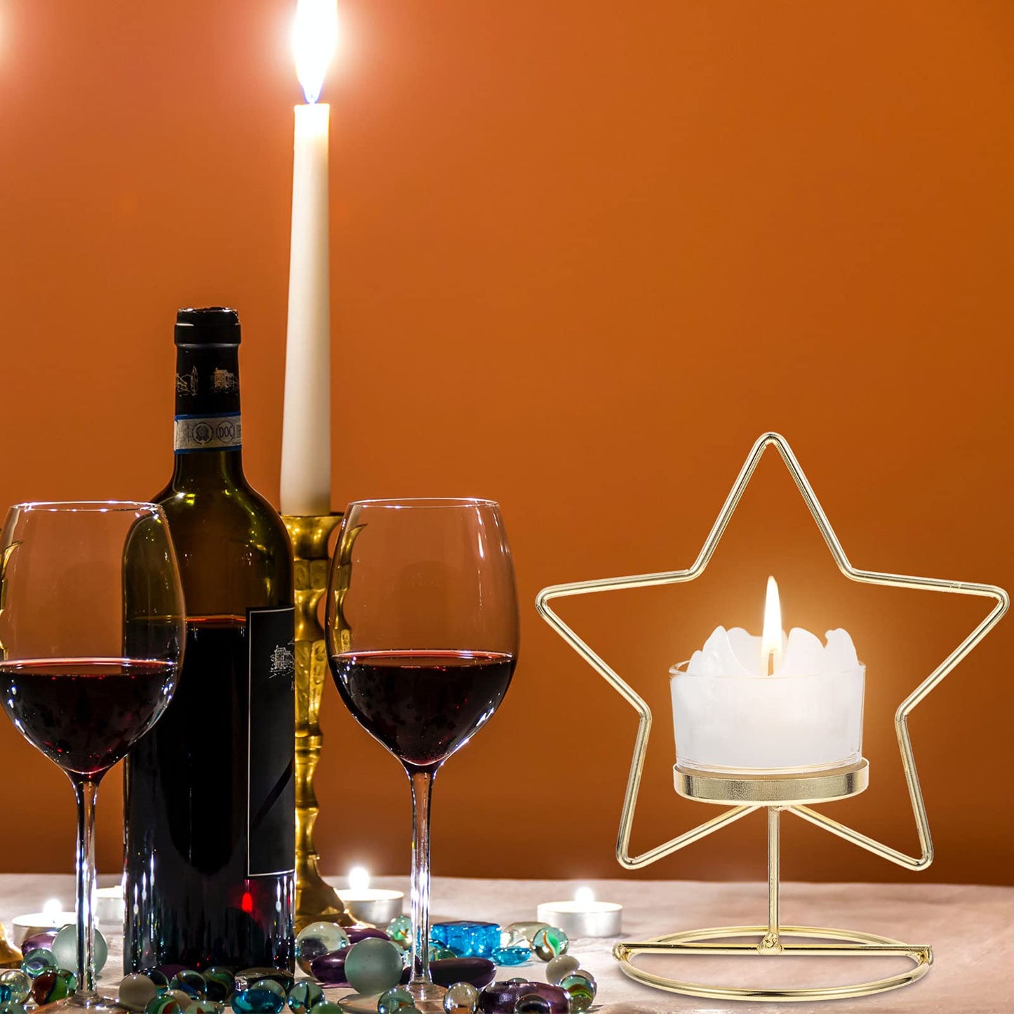 Gold Taper Candle Holder Iron Art Candlestick Ornament for Home Dining Table Creative Star Shaped Tealight Holder for Romantic Dinner and Aromatherapy