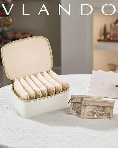 VLANDO Travel Jewelry Case with 8 Velvet Jewelry Bags Jewelry Travel Organizer Box for Girls Jewelry Box for Rings Earrings Christmas Anniversary Birthday Gifts for Women (White)