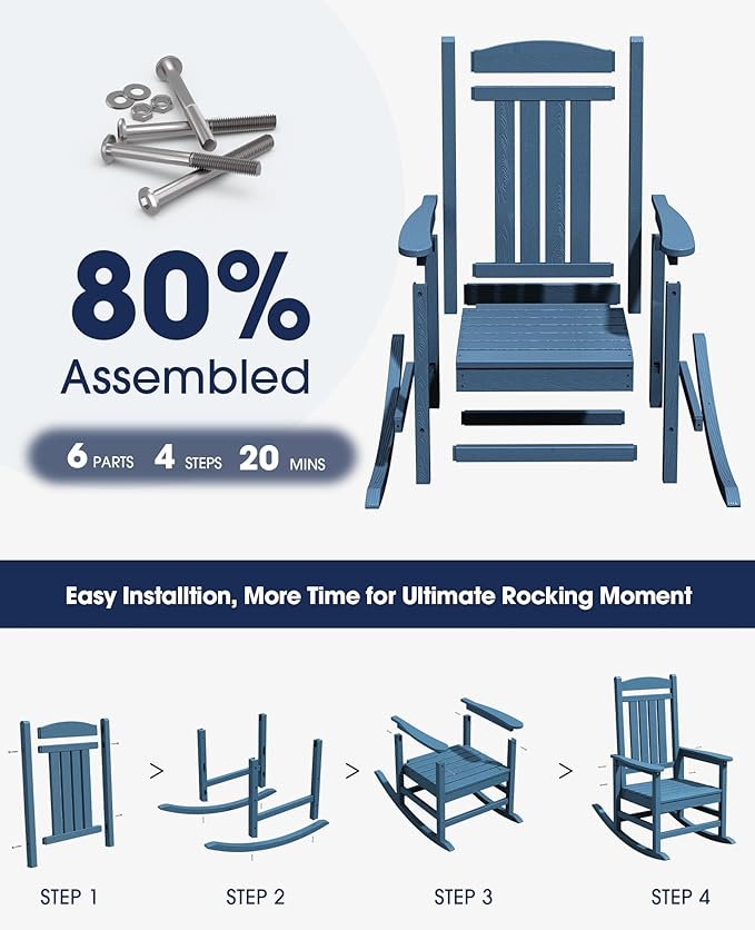 KINGYES HDPE Rocking Chairs Outdoor, Patio Rocking Chairs with 330lbs Support, Smooth Porch Rocker for Deck Lawn Yard, Navy
