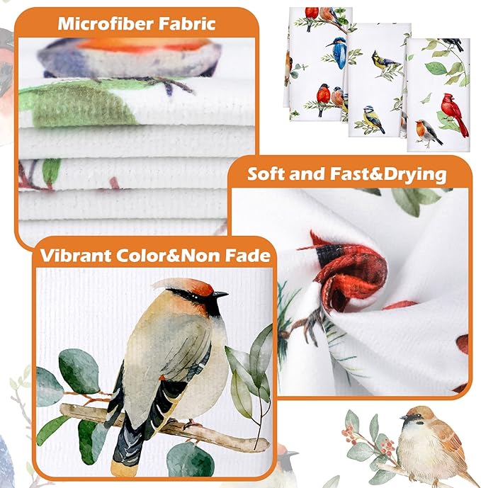 Set of 6 Birds Kitchen Towels Hummingbird Tea Towels Absorbent Dish Towels