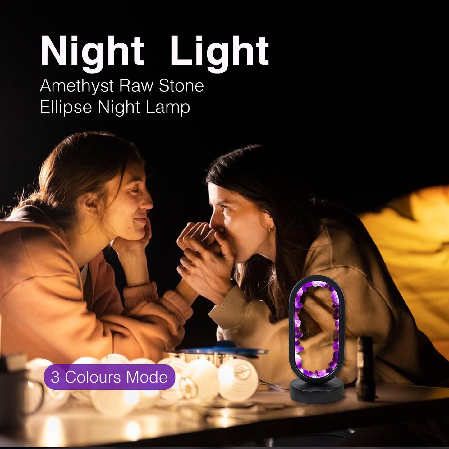 Runyangshi Crystal Lamp Amethyst Raw Stone Ellipse Night Lamp Natural Healing Crystal Night Light Table Lamp Base USB Port 3 Colours Mode for Bedroom Bedside Lamp Office Home Decor Gift