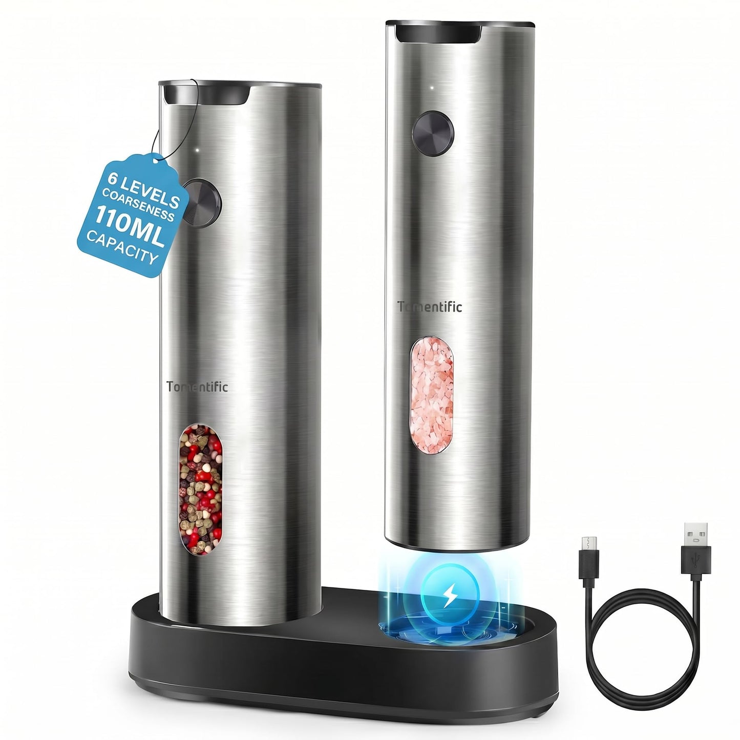 Electric Salt and Pepper Grinder Set with Rechargeable Base - Upgraded Large Capacity, Refillable Pepper Mill Set with LED Light & Adjustable Coarseness, Ideal for Kitchen, Outdoor (Polished Silver)
