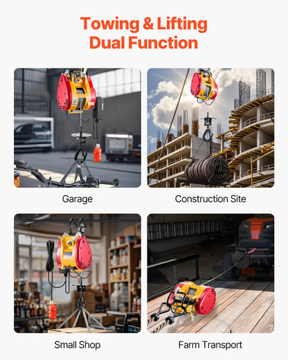 VEVOR 2-in-1 Electric Hoist Winch, 1100 lbs Capacity, 1800W Portable Power Winch, 98 ft Lifting Height, 36 ft/min with Wire and Wireless Remote Control, for Garage, Warehouse, Factory Lifting Towing