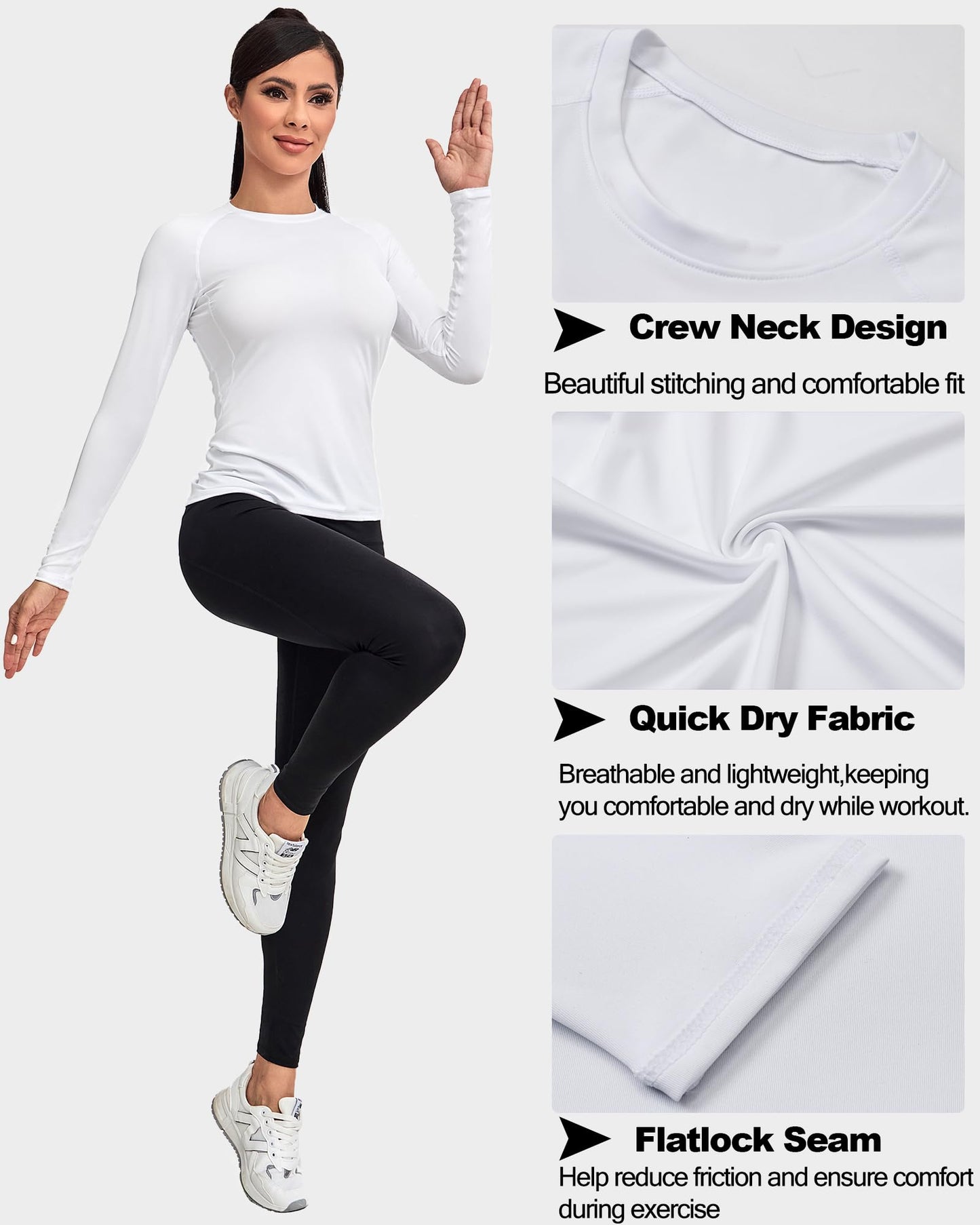 TELALEO 4 Pack Women's Compression Shirt Long Sleeve Performance Workout Baselayer Athletic Top Sports Gear-Black/Grey/White/Blue Small