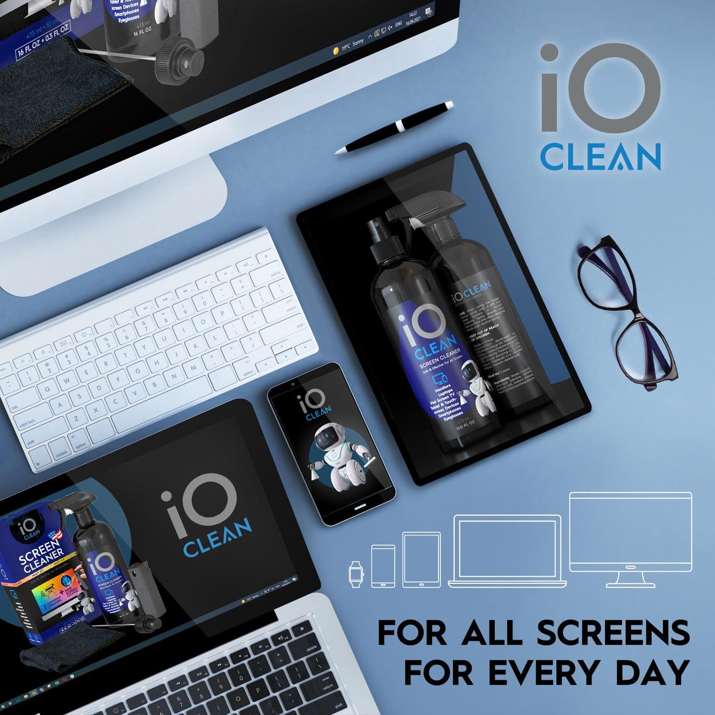 iO Clean Screen Cleaner Spray (16oz - 473ml) Best Large Cleaning Kit for LCD LED OLED TV, Smartphone, iPad, Laptop, Touchscreen, Computer Monitor, Other Electronic Devices, Microfiber Cloth Wipes