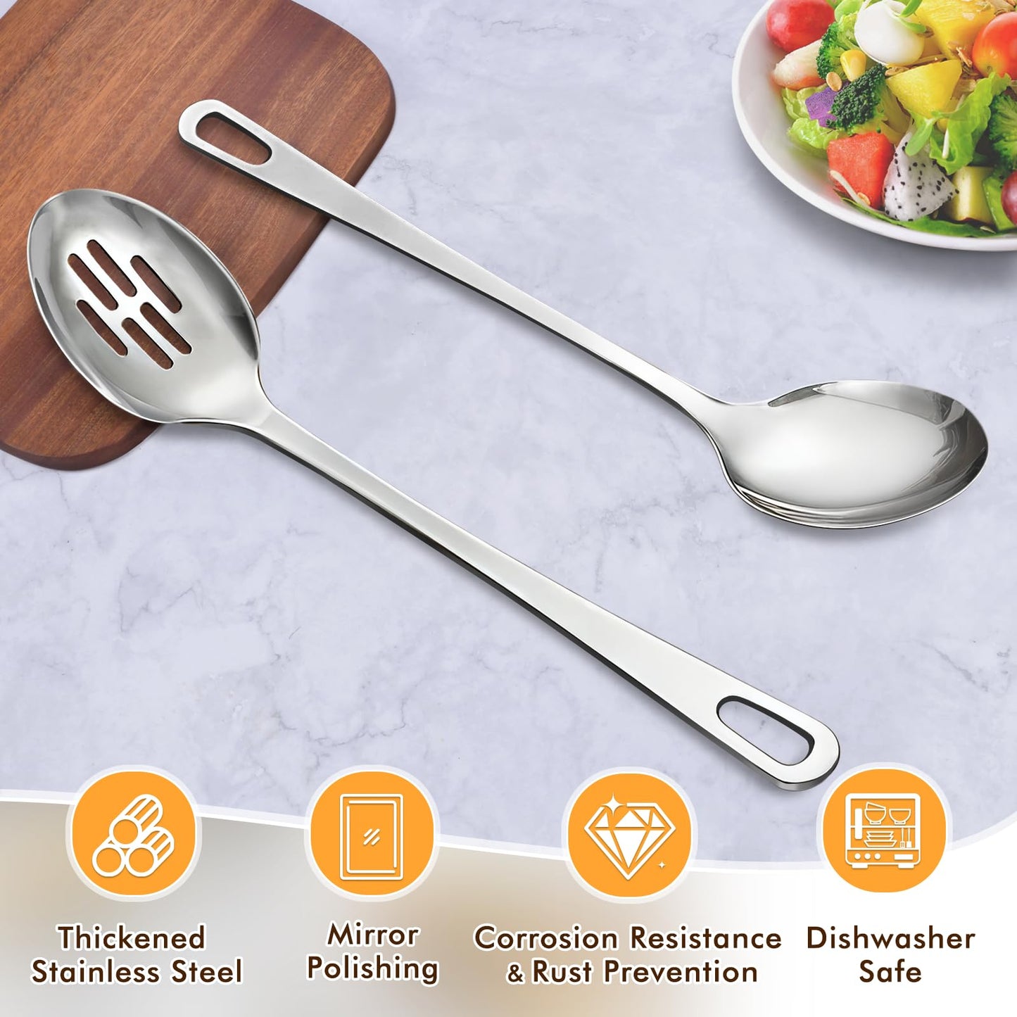 2 Pcs Stainless Steel Cooking Spoons Set, Solid & Slotted Metal Serving Spoons, Heavy Duty Sturdy Large Soup Ladle, High Heat Resistant Kitchen Cooking Utensils for Mixing, Stirring, Easy to Clean