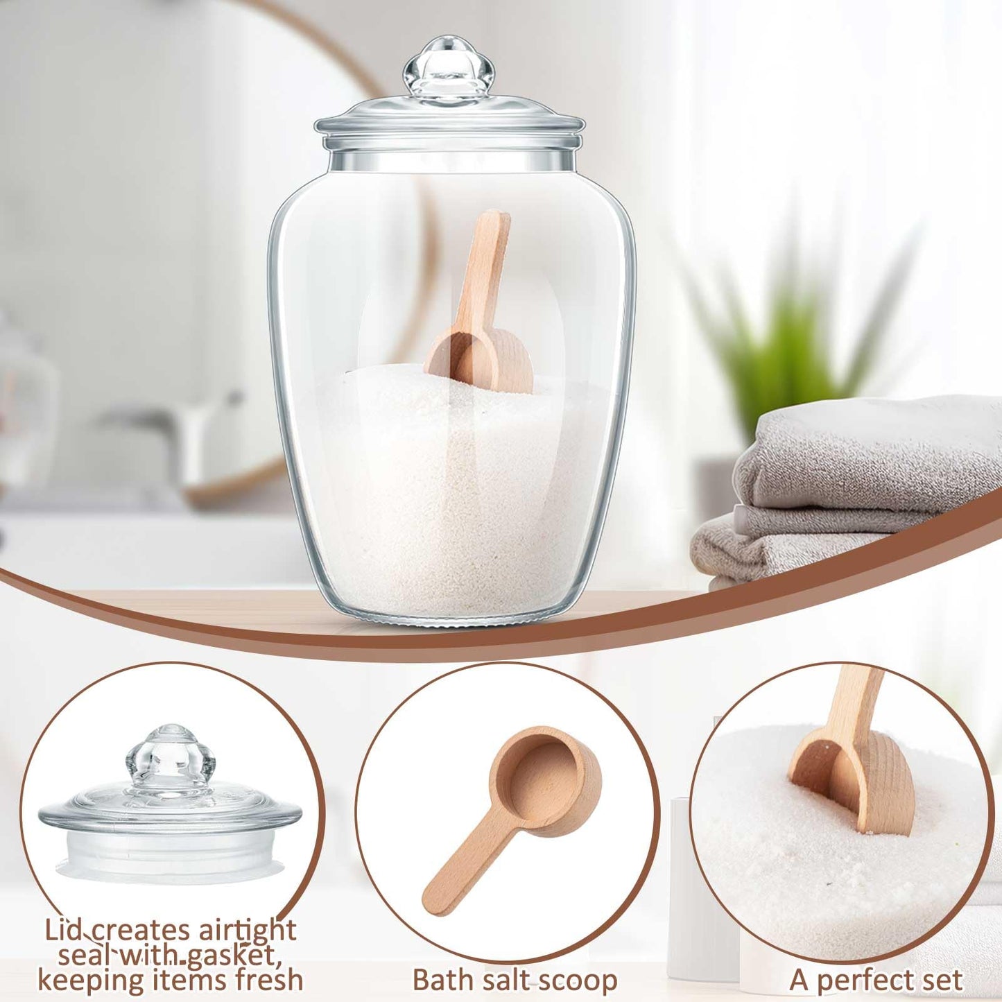 SiliFine 2 Set 74 oz Bath Salt Containers with Airtight Lids and Wooden Scoops, Large Glass Epsom Salt Jars Bathroom Organizers and Storage for Laundry Soap, Flour, Sugar, Tea(Clear)