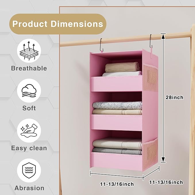 3-Shelf Hanging Closet Organizer and Storage, Foldable Hanging Closet Shelves