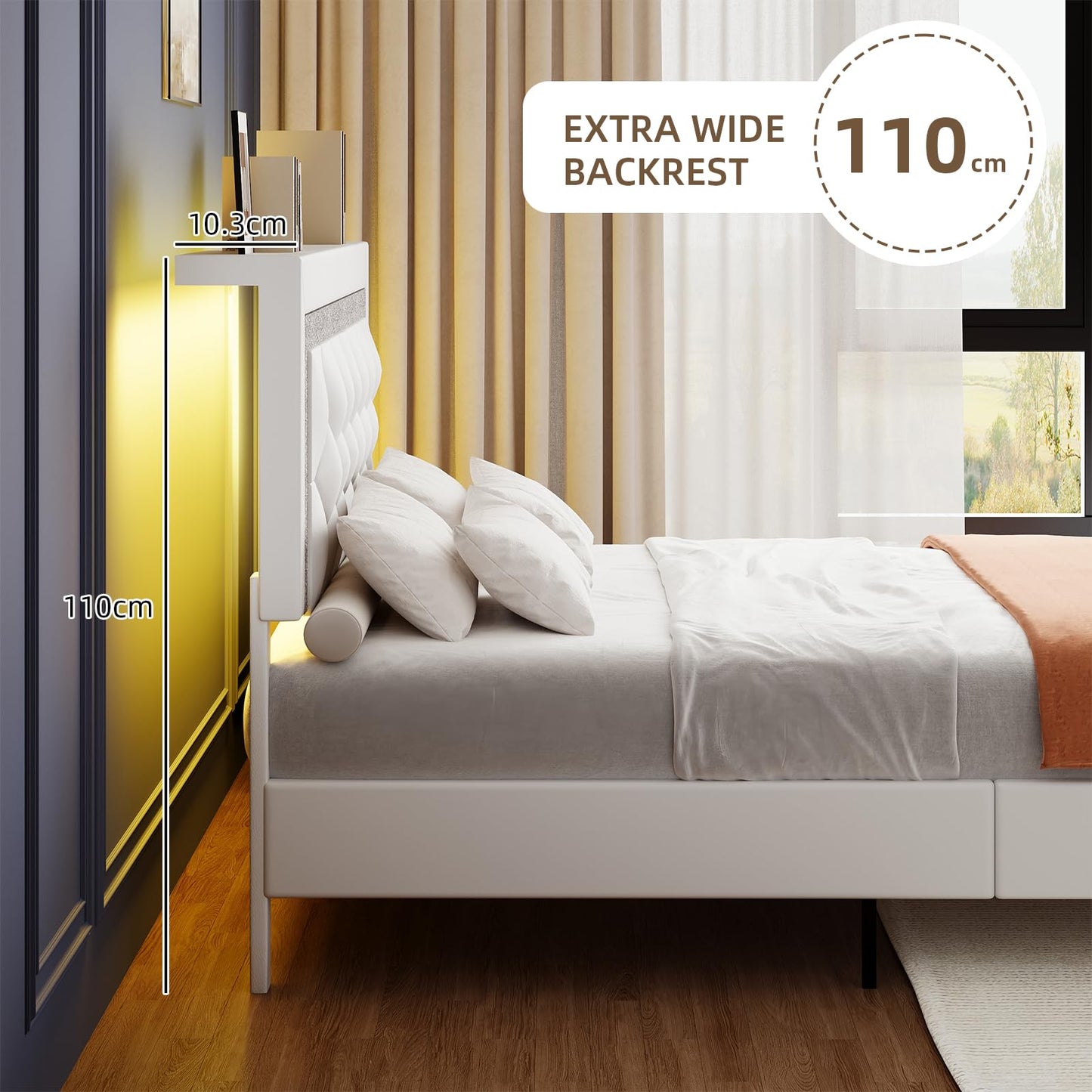 BarnFurin Full Size Bed Frame with Storage Headboard, Full Size Bed Frame with Headboard Diamond Tufted and LED Lights, Wooden Slats Support, Noise Free, No Box Spring Needed, Easy Assembly, White
