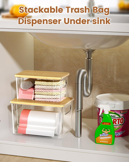 Trash Bag Dispenser 2 Pack, Acrylic Garbage Bags Dispenser with Bamboo Top, Extra Large Trash Bag Holder Dispensers Under Sink for Kitchen, Cabinet, Laundry Room, Pantry Organizer and Storage