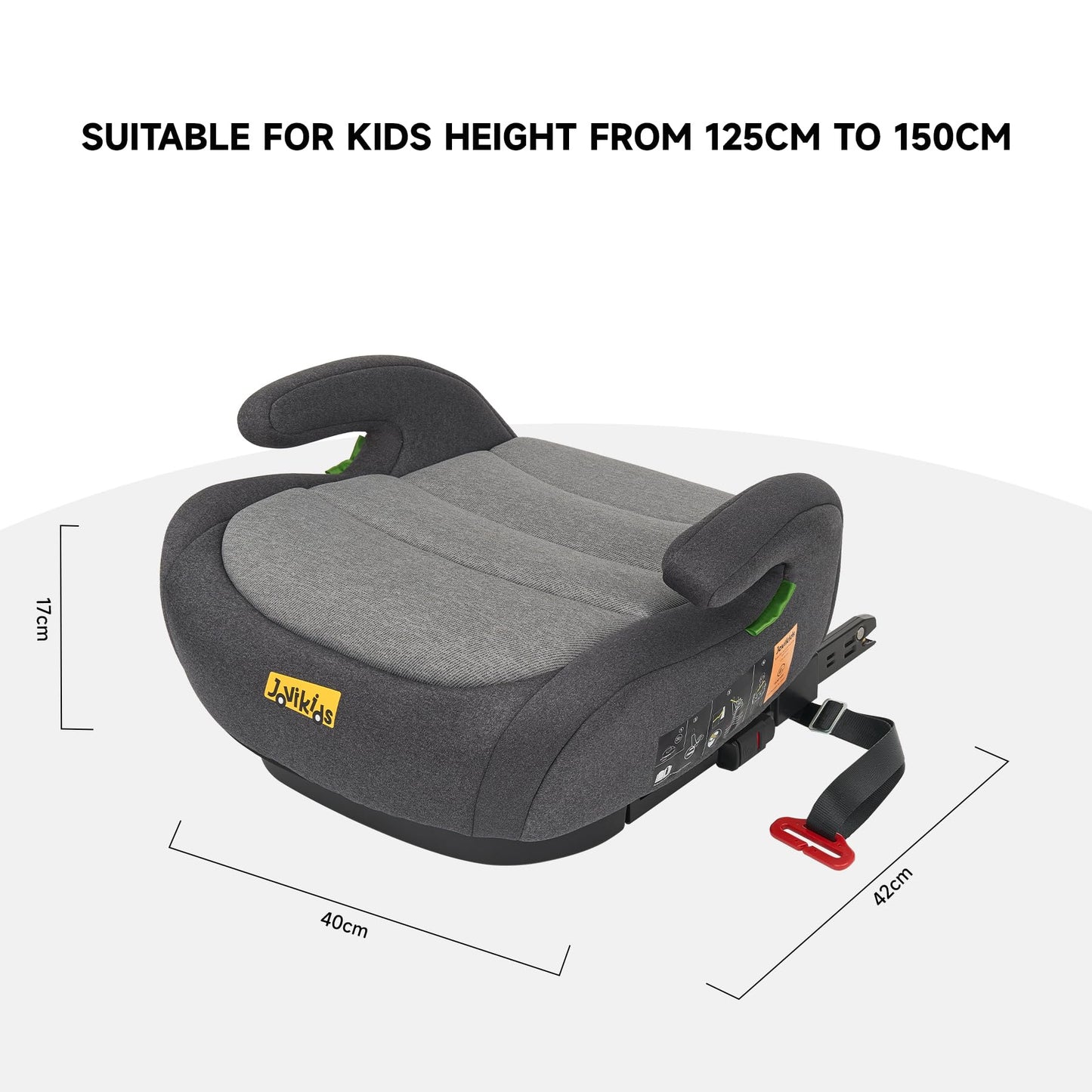 Jovikids I-Size Booster Seat for Car with ISOFIX, 125-150cm (Group 2/3, 6-12 Years), Portable Car Seats for Kids, Comfortable, Compact, Convenient for Everyday Use, Great for Travel, ECE R129, Black