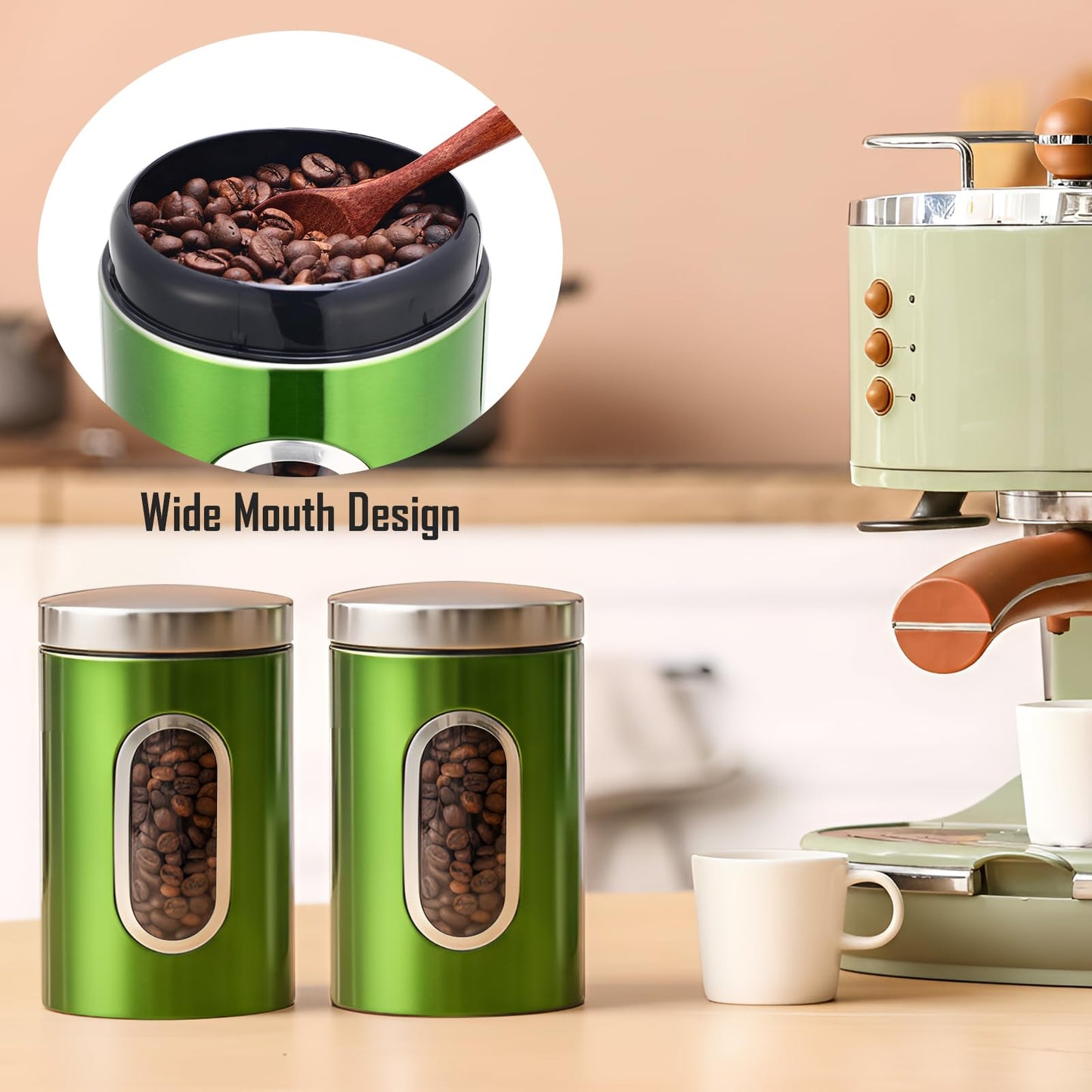 Zopeal 6 Pack Green Canisters Sets For Kitchen 50oz Stainless Steel Kitchen Canisters with Transparent Windows Flour Sugar Container Metal Jar Countertop Set for Coffee Tea Decorative