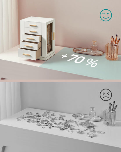 SONGMICS Jewellery Box 360° Rotating, Jewellery Organiser with 5 Drawers, Jewellery Display Case, Glass Window, Spacious, Vertical Jewellery Storage, Open Design, Great Gift, Cloud White JBC170W01