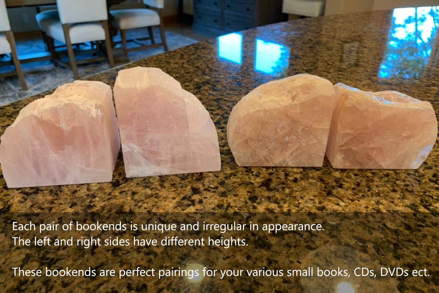 AMOYSTONE Natural Agate Bookends 2-3 lbs & Rose Quartz Book Ends 3-4 lbs for Home Office