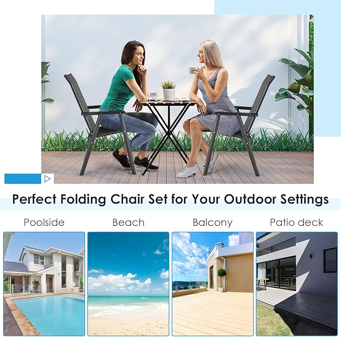 Giantex Set of 2 Patio Folding Chairs, Portable Outdoor Dining Chairs with Armrest for Porch Camping Pool Beach Deck Lawn Garden, Metal Frame, Black