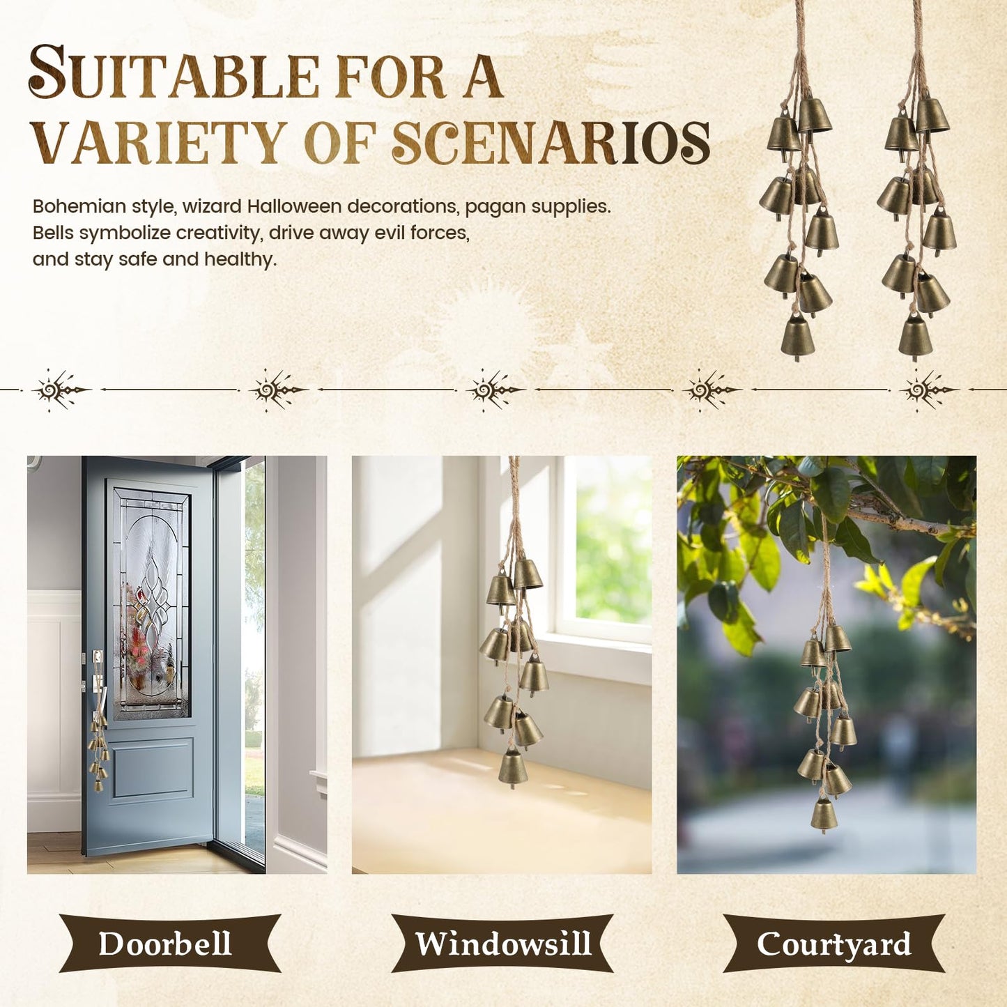 2 Pack Witch Bells for Door Knob Protection Outdoor Bells Small Hanging Bells for Door knob Witches Bells Magic Wind Chimes for Home Protection Witch Bells Kit(Rustic)