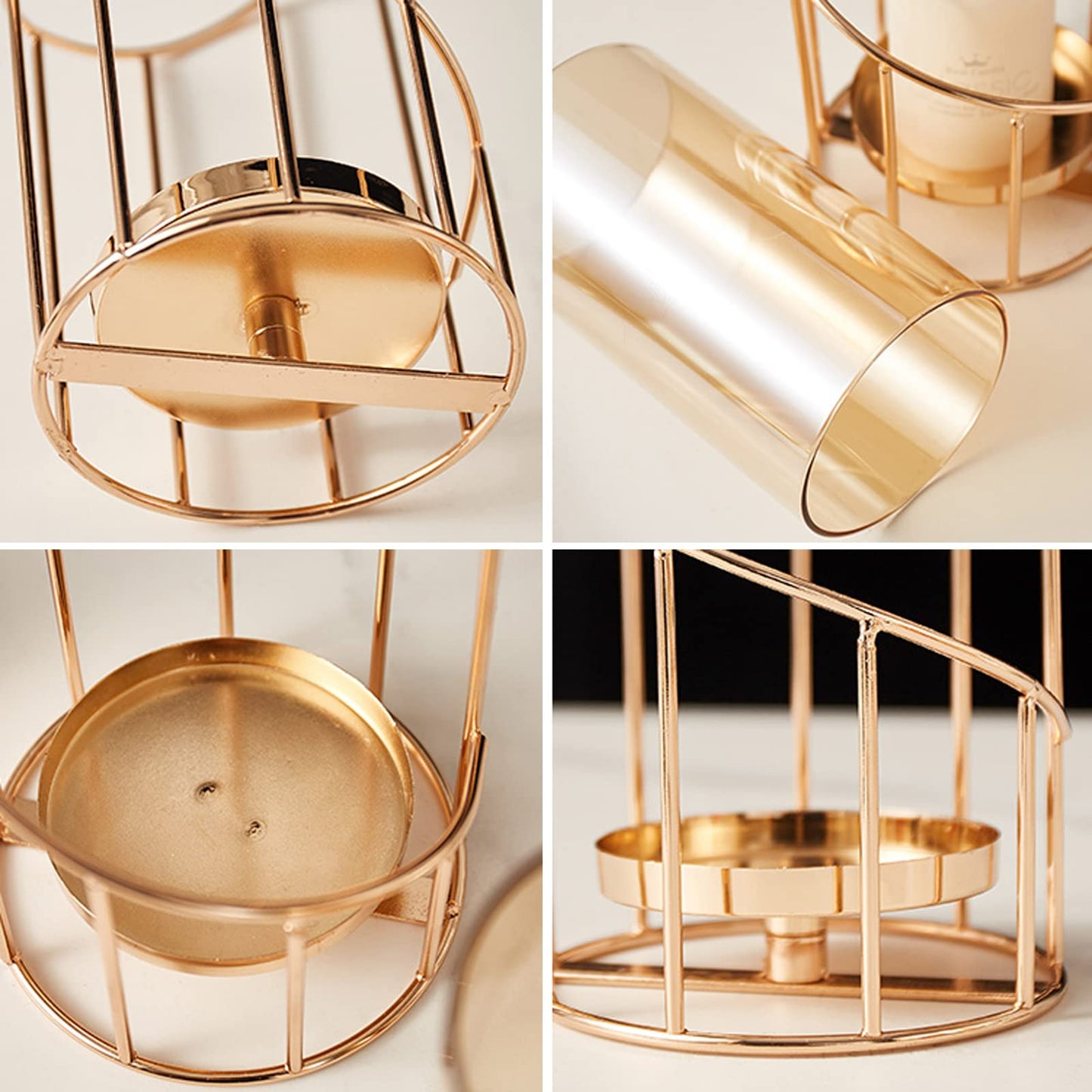 MrMrKura Metal Wire Candle Holder Set of 2, Glass Pillar Candle Holders Gold Decorative Tea Light Candleholders for Home Decor Table Decorations Centerpiece