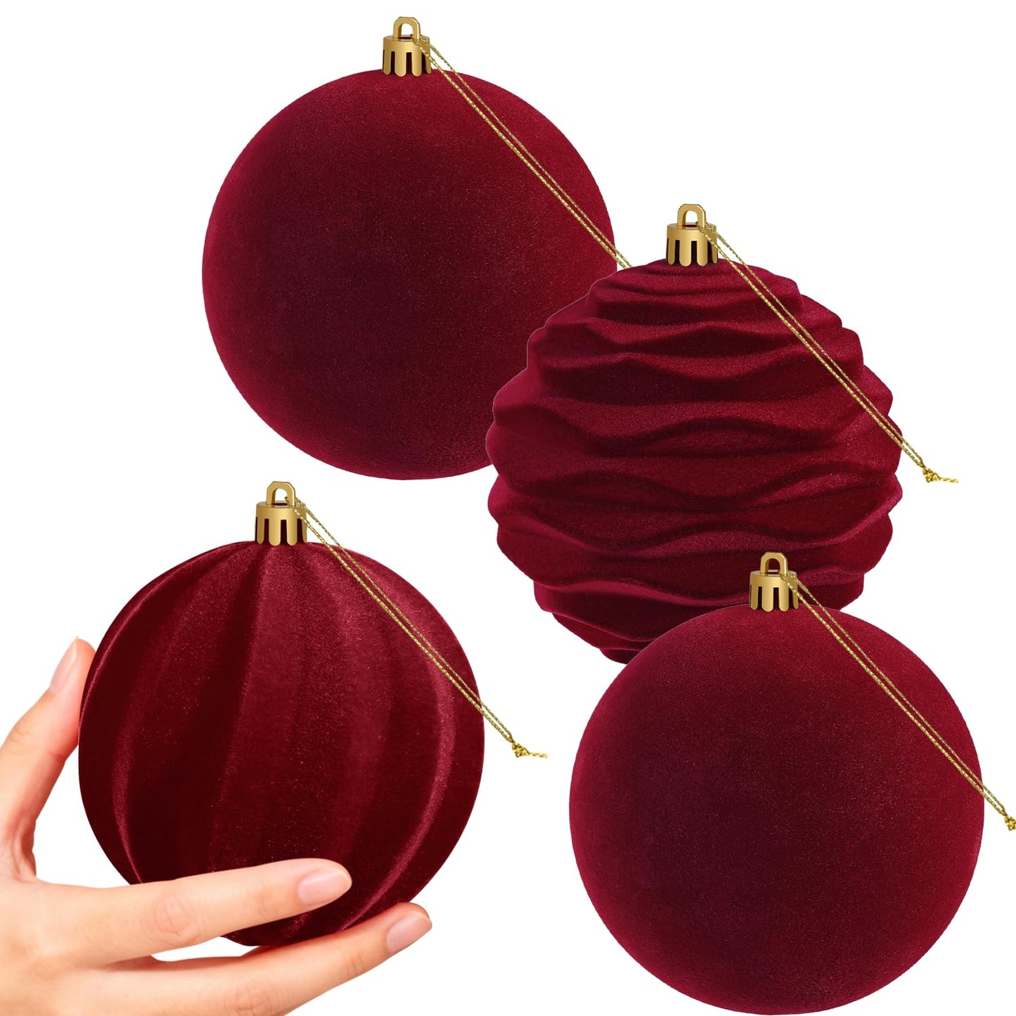 Artmag 4 PCS Large Velvet Christmas Balls Ornaments Shatterproof Hanging Set Flocked for Xmas Tree Holiday Party Decorations (Burgundy,4 Inch)