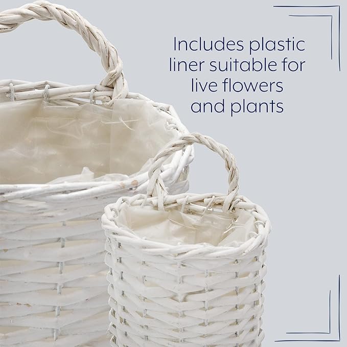 AuldHome Design Wall Hanging Baskets; Woven WIcker Rustic Farmhouse White