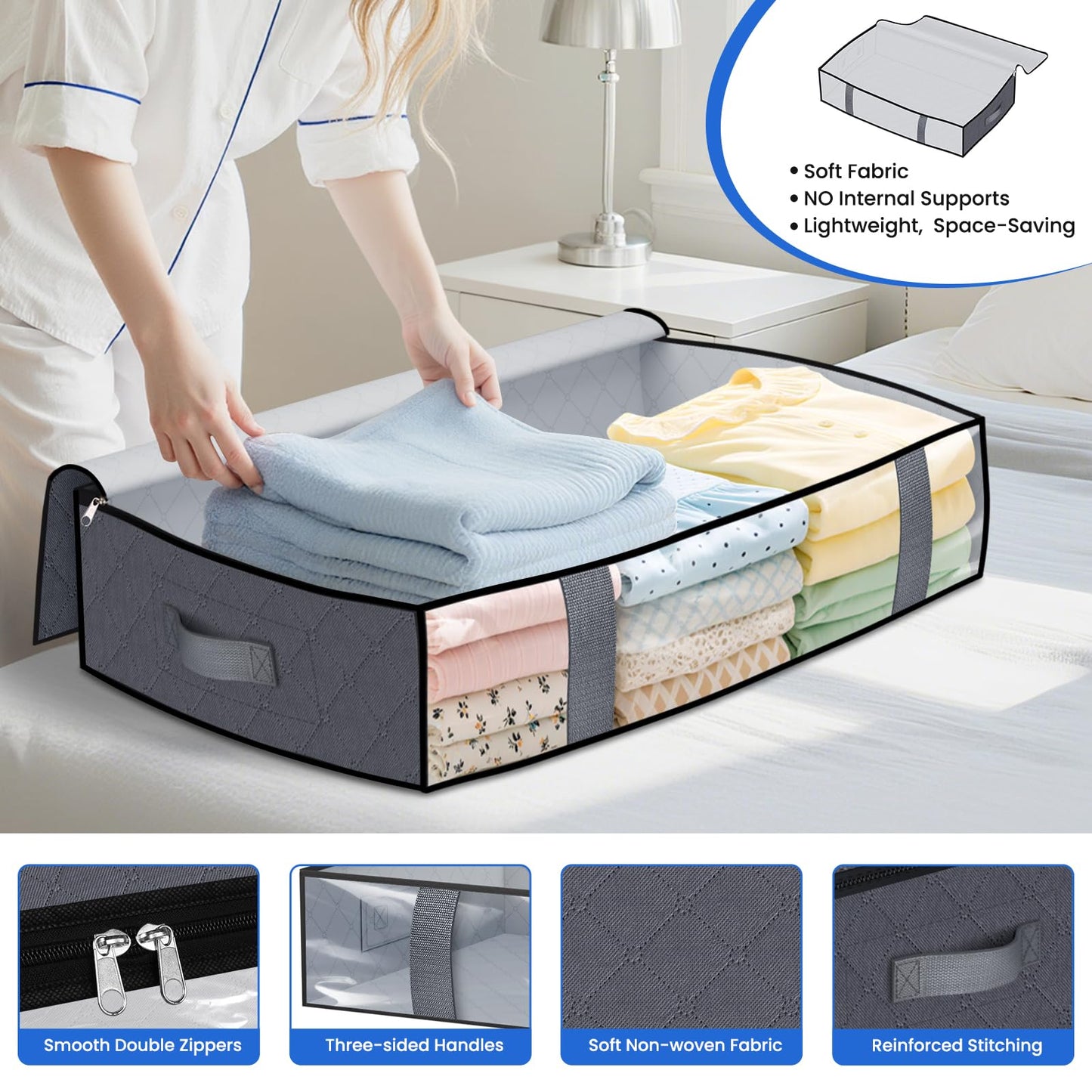TasticTotes Under Bed Storage Containers, 6 Pack Blanket Storage Bags, Collapsible Storage Bags with Big Zippers, Clear Front, Shoe Storage and Organization for Clothes, Comforter, 60L, Grey