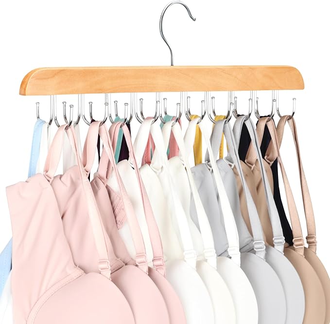 Bra Hanger for Closet, Tank Top Organizer 20 Hooks Capacity Foldable Wood Space