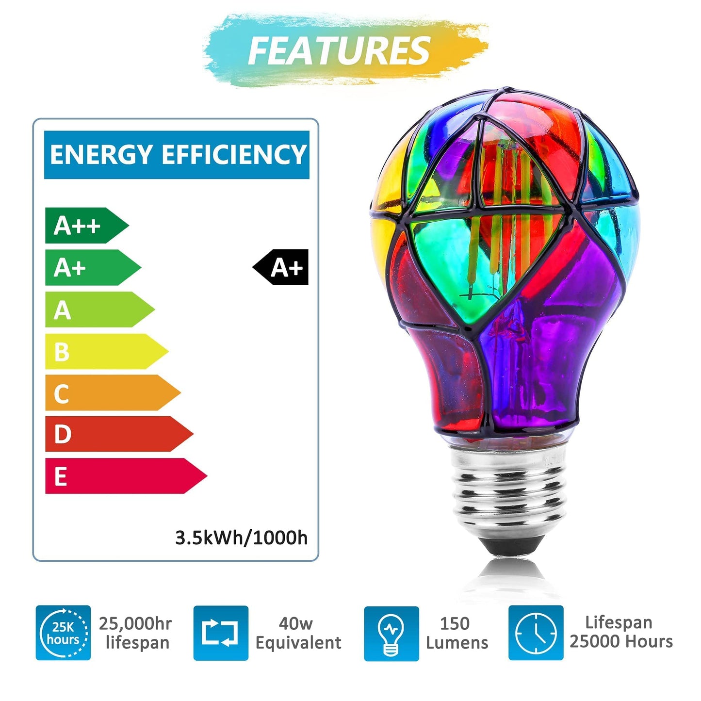 Kitmose 4 Pack Stained Glass Light Bulbs, LED Edison Light Bulb E26 3.5W Replacement Light Bulbs Tiffany Style for Bedroom Living Room Home Christmas Decoration
