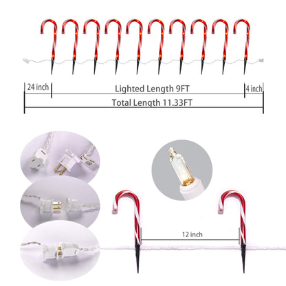 Christmas Candy Cane Lights Outdoor Pathway -10 Pack Lighted Candy Cane Pathway Markers Lights Walkway, 10 inch Candycane Christmas Sidewalk Outdoor for Yard Lawn Decorations