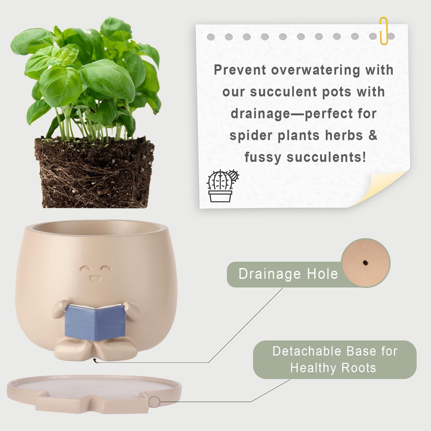Onzbala Bookworm Planter Pot with Drainage Cute Plant Pots for Succulents & Small Plants | Teacher Gifts Housewarming|Book Lover Gift, Indoor Planters | Christmas Teacher Gift Mother Dad Appreciation