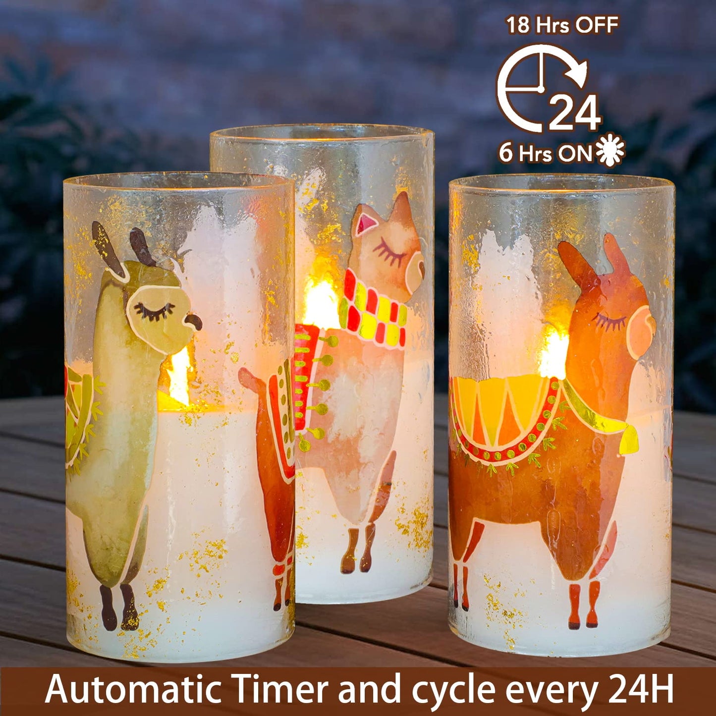 FLAVCHARM Set of 3 Glass Flameless Candles Alpaca Llama Decor Battery Operated Flickering Pillar LED Candle for Home Decor Party Festival Christmas Indoor Decorations