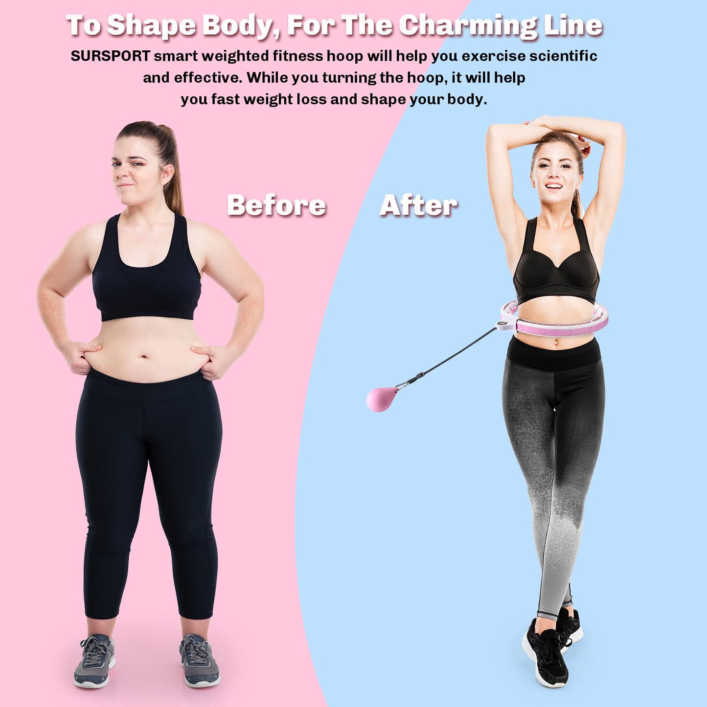 SURSPORT Smart Weighted Fitness Hoop, 3-in-1 Quick Weight Loss Fitness Massage Adjustable Weighted Hoops for Kids and Adults with Easy Detachable Knots, Gravity Ball