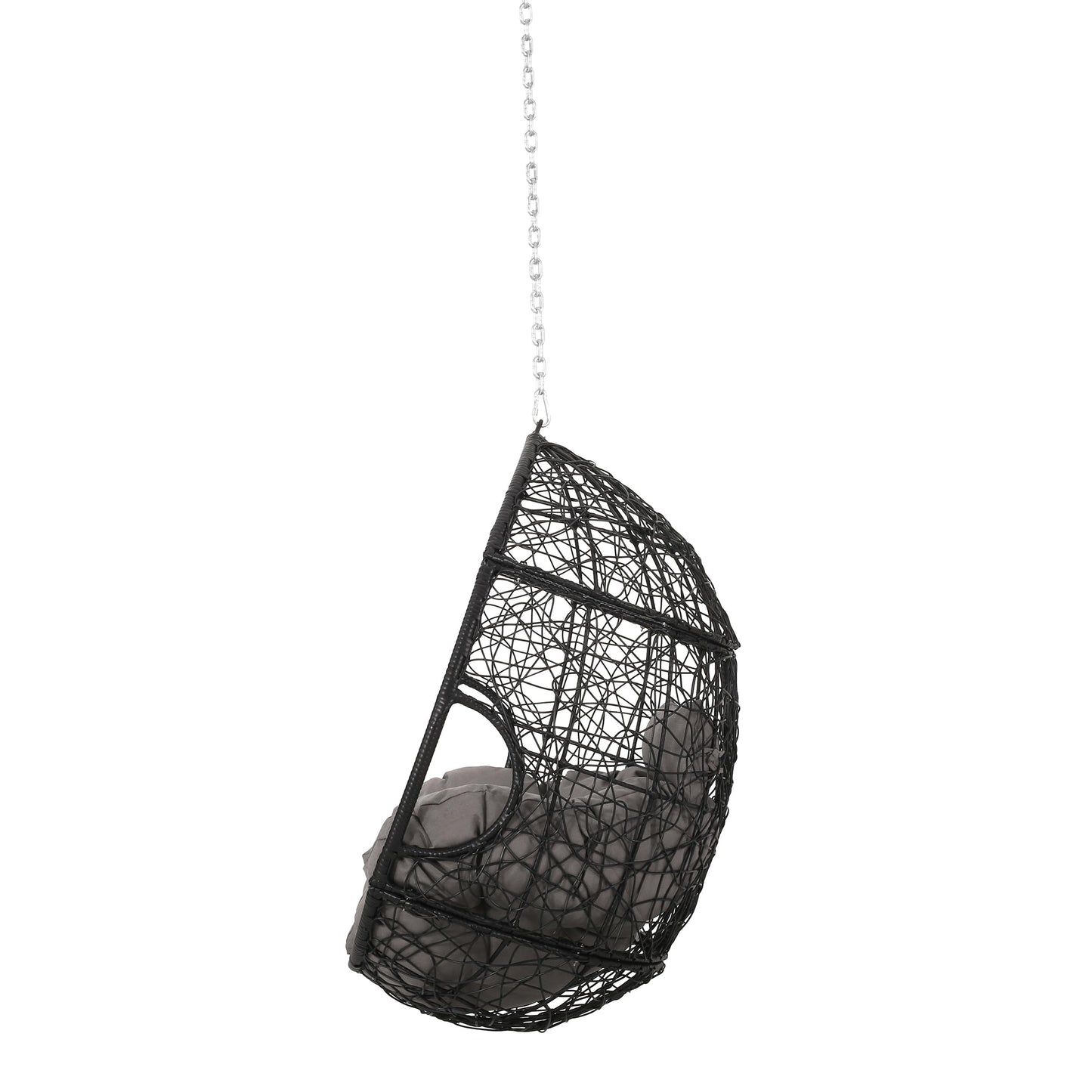 Merax Modern PE Wicker Egg Hanging Chair with Cushion, Outdoor Swing Rattan Chair for Balcony Bedroom, Backyard Gray+Black