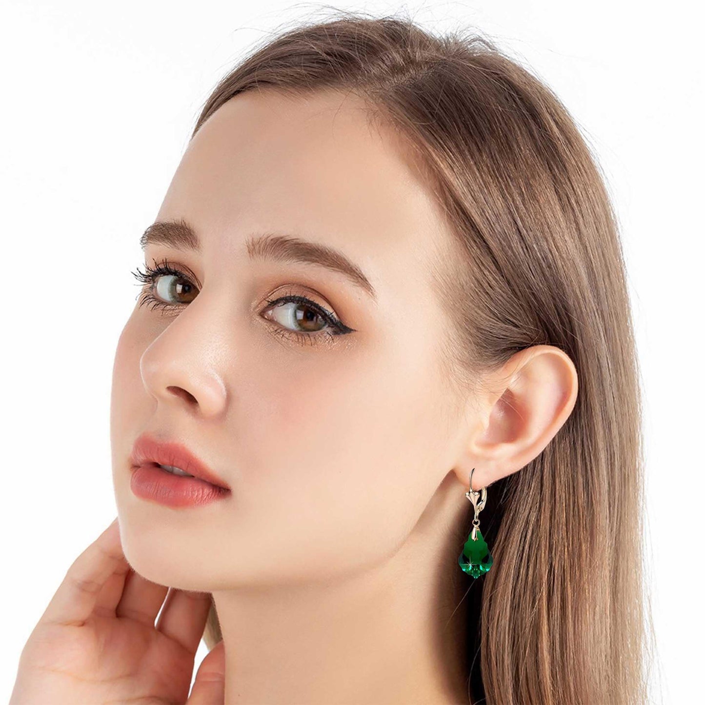 Austrian Crystal Baroque Drop Leverback Earrings for Women Fashion 14K Gold Plated Hypoallergenic Jewelry (Emerald)
