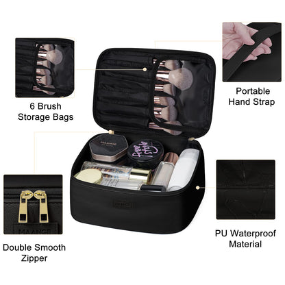 MAANGE 3 Pcs Makeup Bag(L+M+S) Travel Cosmetic Bags with Brush Compartment PU Leather Small Makeup Bag Portable Make Up Bag Versatile Zipper Makeup Pouch for Women, Black