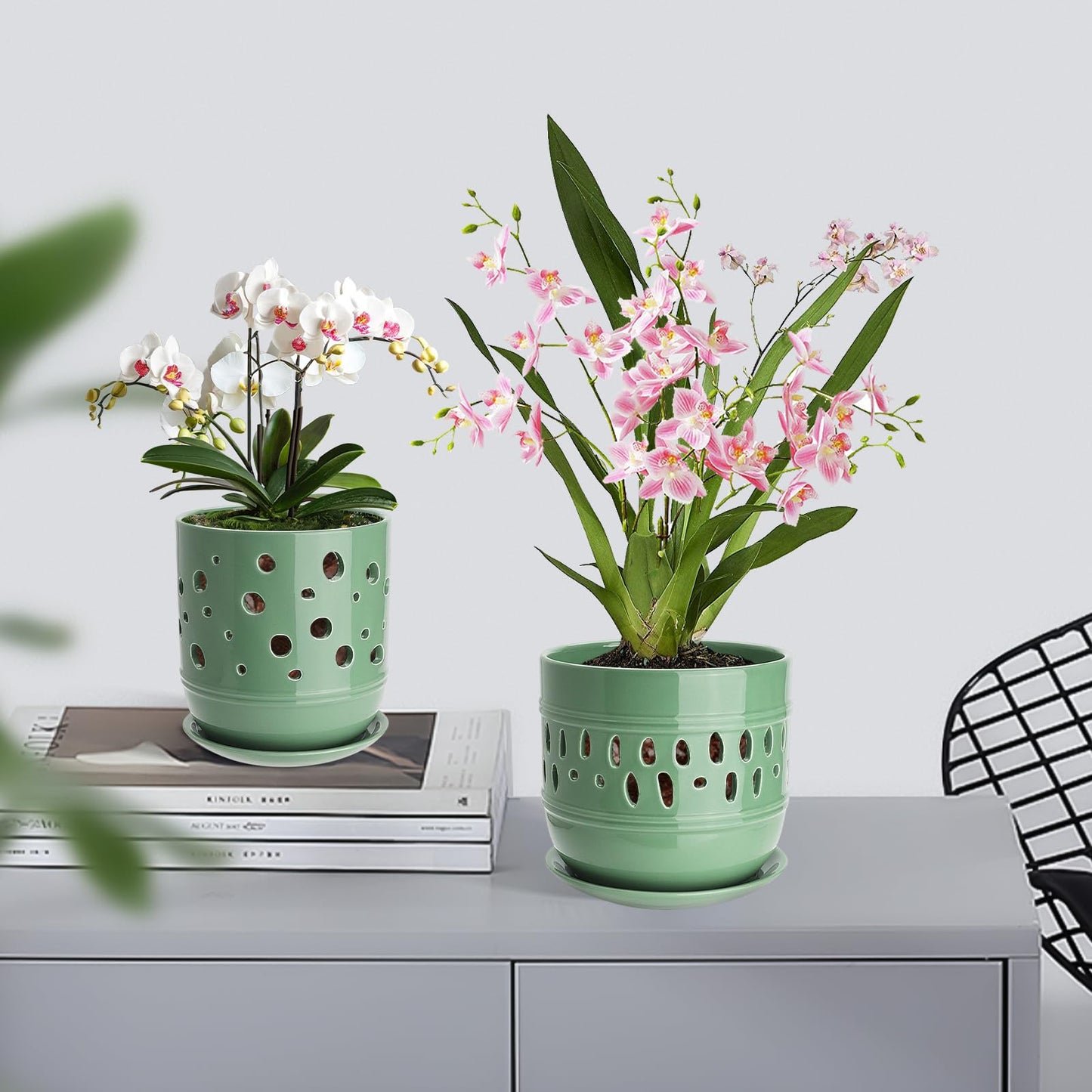 Orchid Pots with Holes, 5+6 Inch Large Orchid Pot with Drainage and Saucers, Ceramic Orchid Planter for Indoor/Outdoor Set of 2 Flower Pots - Pea Green