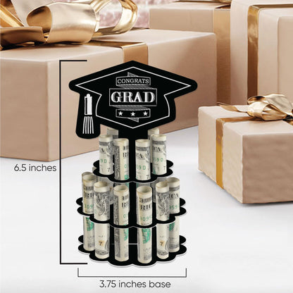 Big Dot of Happiness Graduation Money Gift Holder - DIY Celebration Cash Cake Stand with 20 Bill Slots, Black and White Decorative 2-Tier Cap Design, Party Display - Assorted Grad - Set of 3