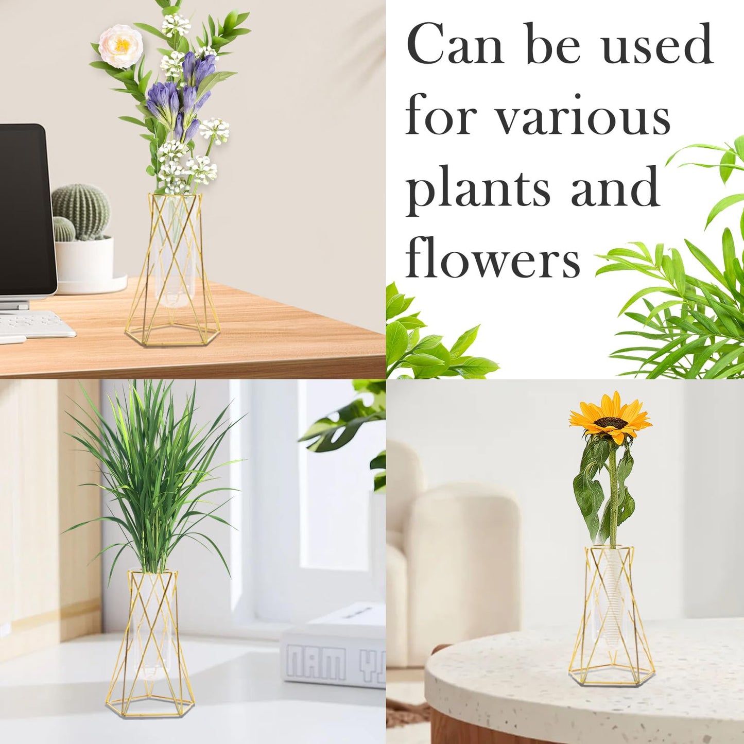 Hyuetrsa 12 Pcs Gold Geometric Vase for Centerpieces, Glass Vase with Metal Flower Stand Hydroponic Plant Test Tube Modern Vases for Wedding Home Decor（6.3 Inch）