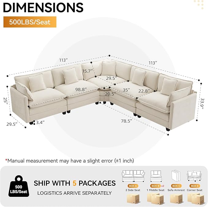 113'' V Shaped Cloud Sectional Sofa, Oversized Deep Seat Couches